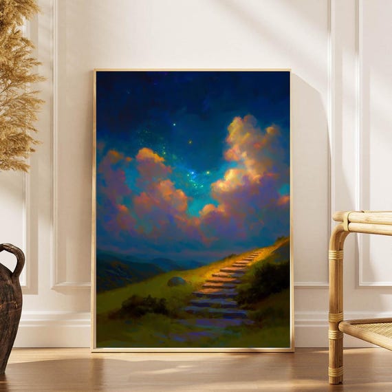 Surreal Stairway To Stars Print Dreamlike Impressionist Night Sky Art