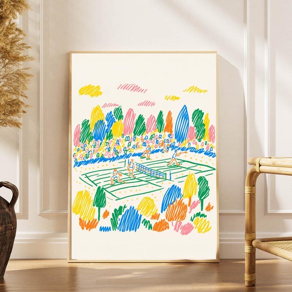 Colorful Tennis Match Poster Abstract Sports Art With Vibrant Line Drawing And Playful Style