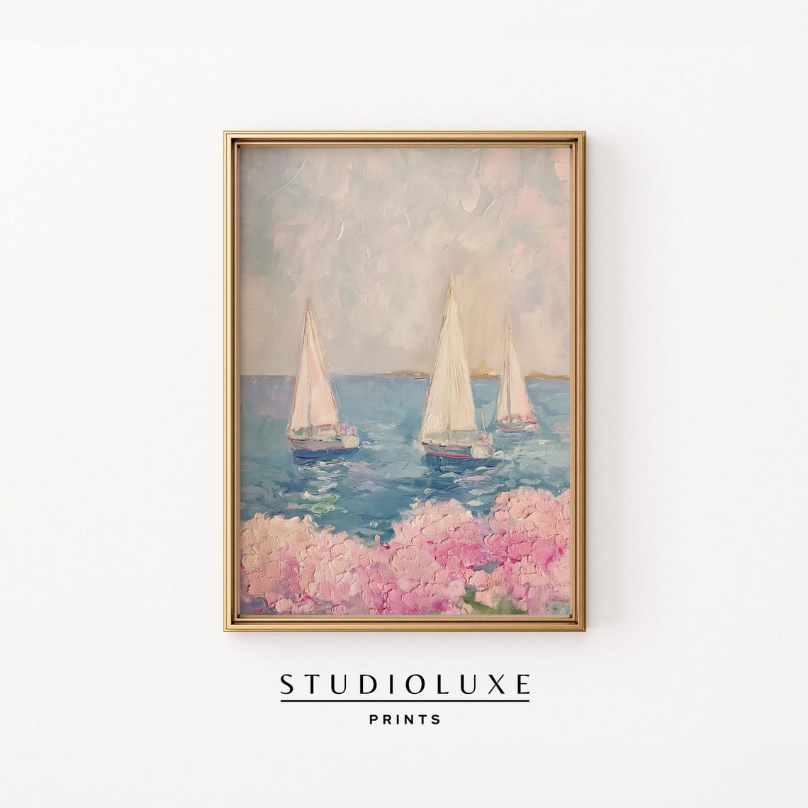 Sailboats Pink Hydrangeas Impressionist Seascape Painting Wall Art
