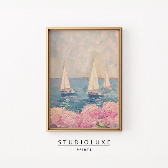 Sailboats Pink Hydrangeas Impressionist Seascape Painting Wall Art