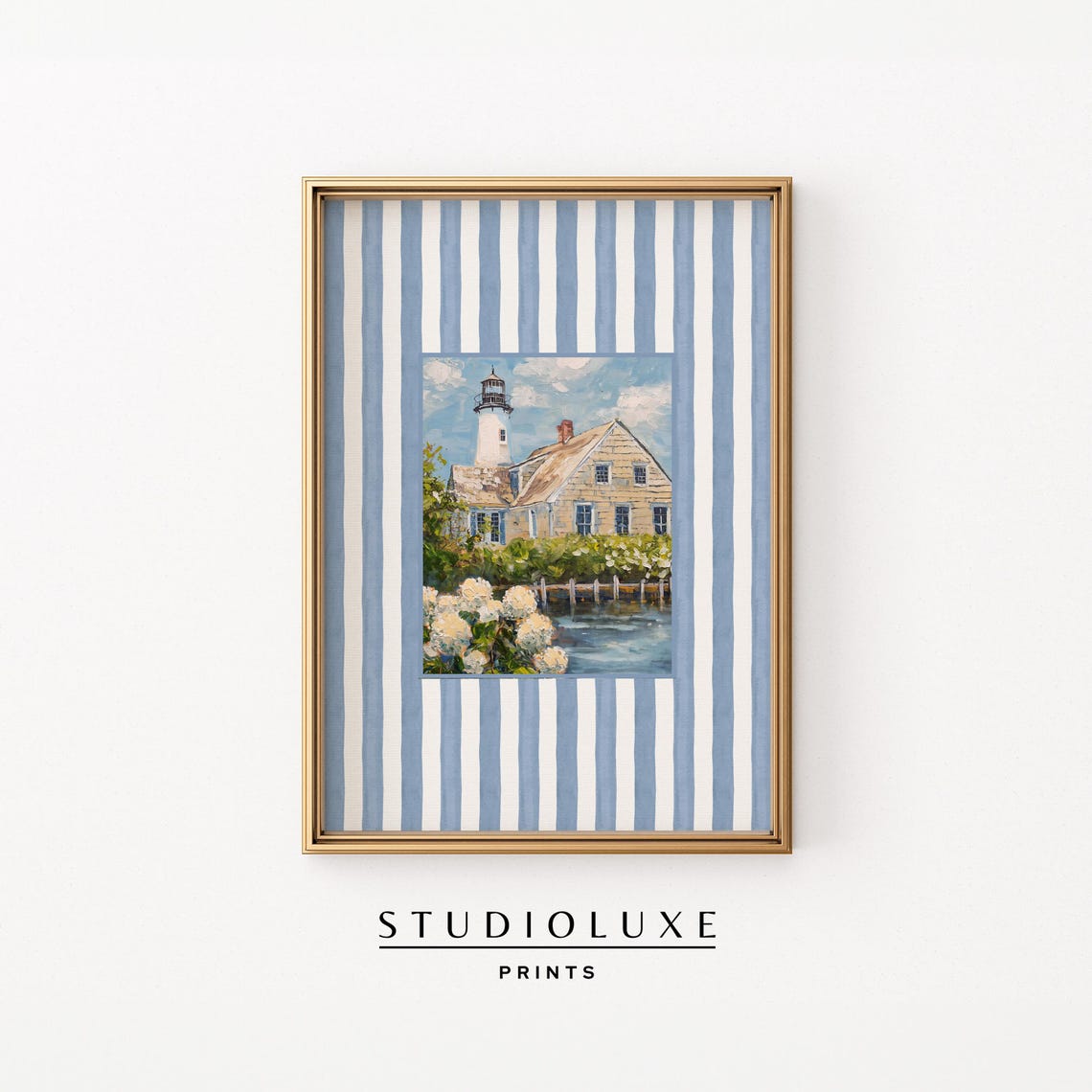 Coastal Lighthouse Scene Framed By Blue And White Stripes Poster