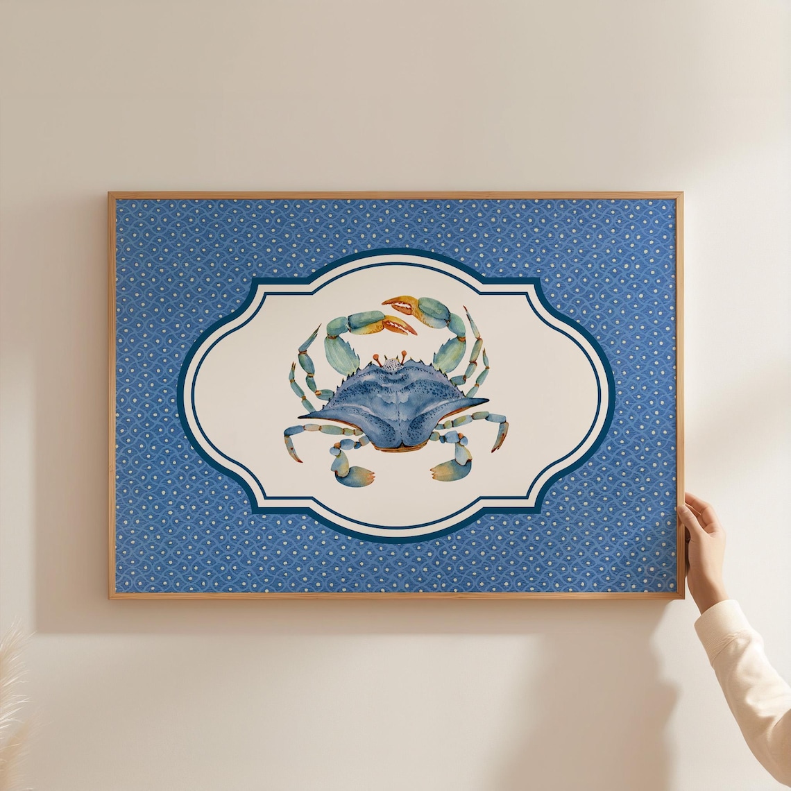 Blue Crab Wall Art Coastal Granddaughter Nautical Kitchen Or Bathroom Decor With Preppy Pattern Background