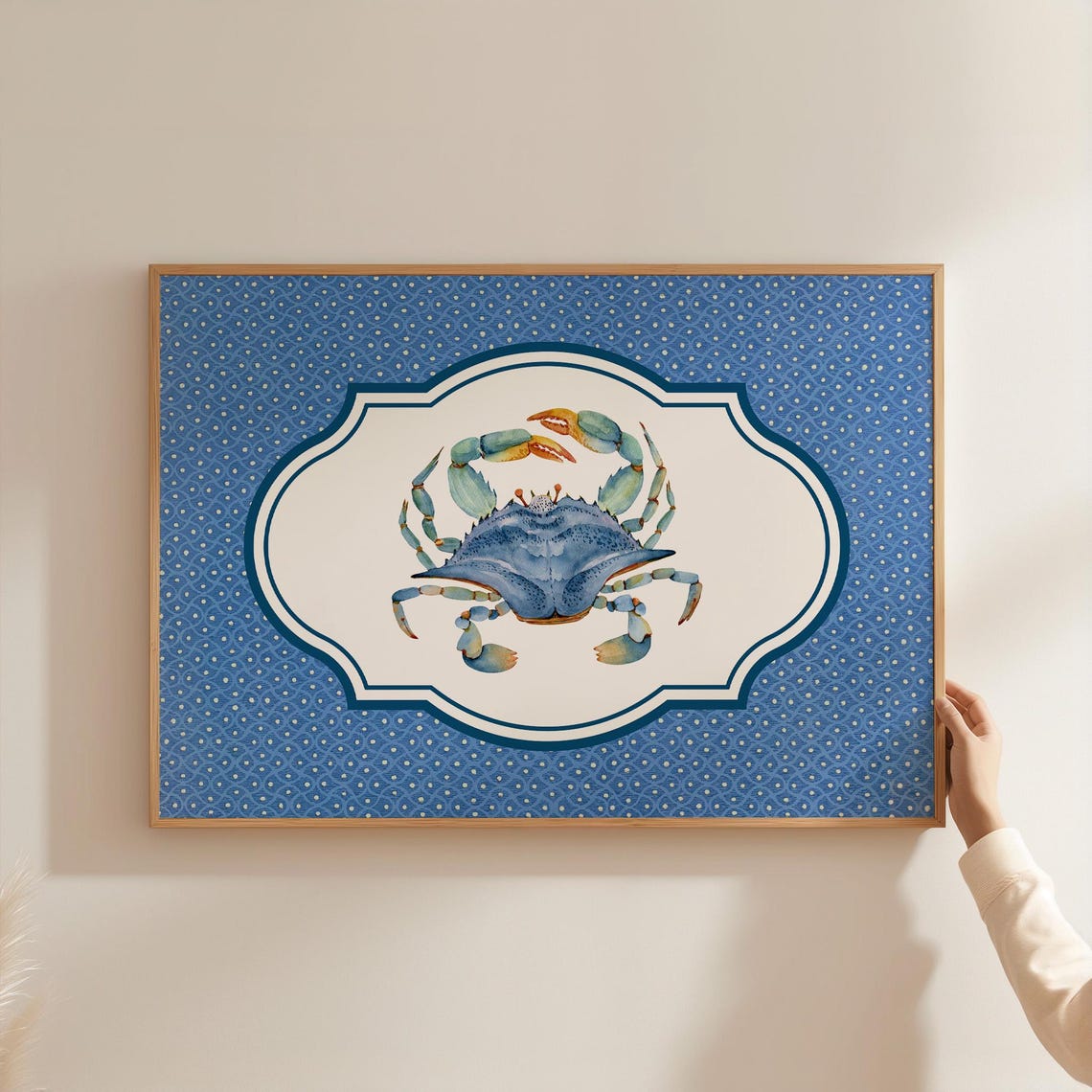 Blue Crab Watercolor Nautical Medallion Blue Pattern Art Poster