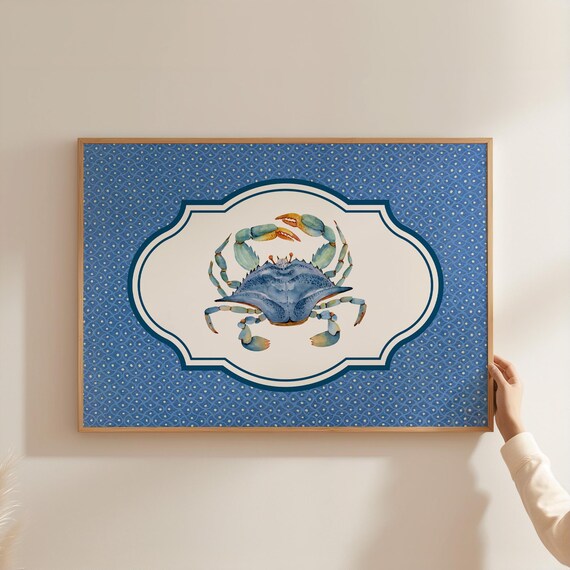 Blue Crab Wall Art Coastal Granddaughter Nautical Kitchen Or Bathroom Decor With Preppy Pattern Background