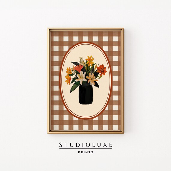 Fall Floral Bouquet Vase Brown Gingham Country Kitchen Wall Art