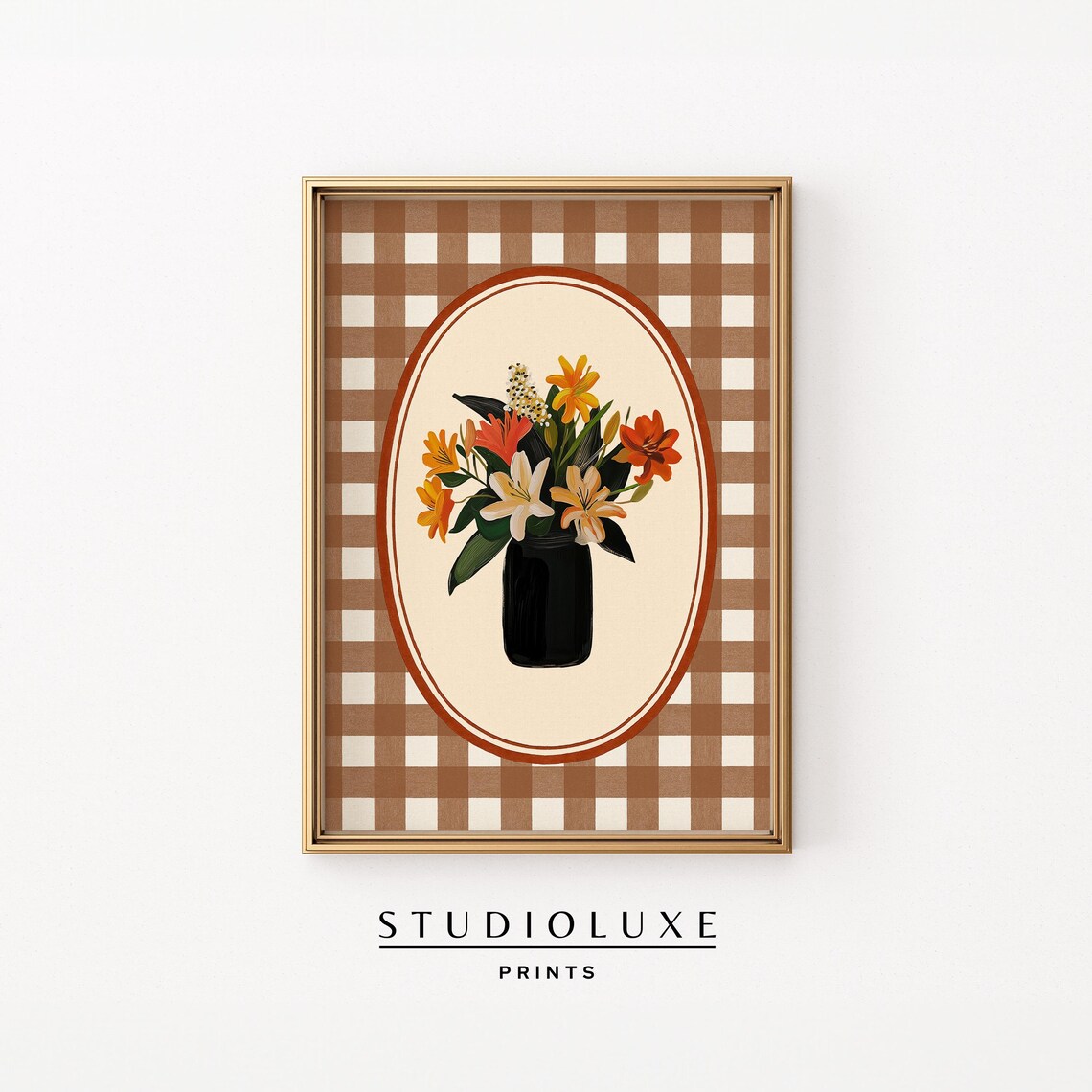 Fall Floral Bouquet Vase Brown Gingham Country Kitchen Wall Art