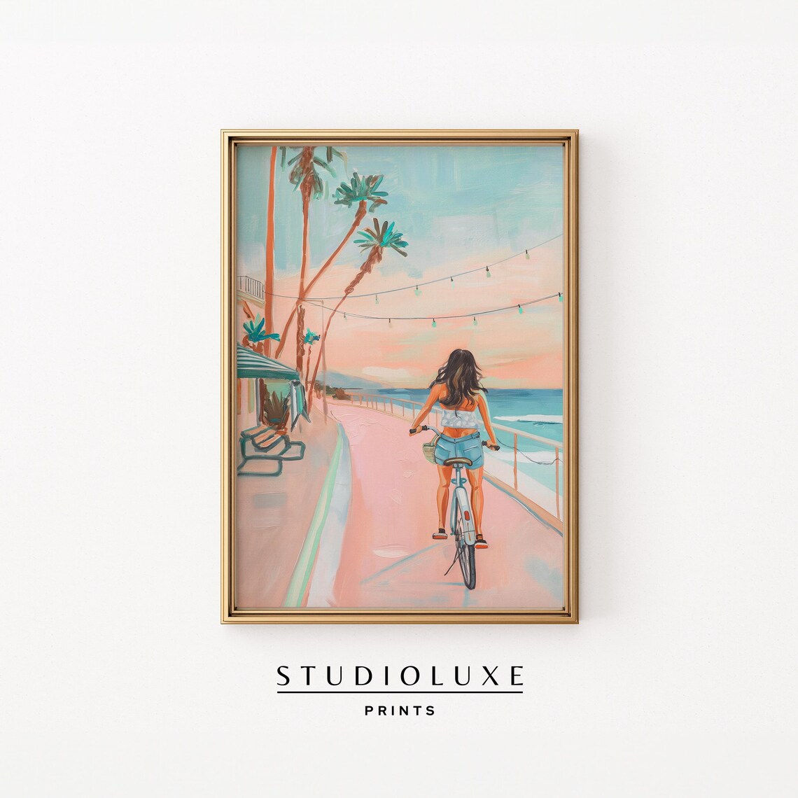 Woman Riding Bicycle Along Pink Palm Boardwalk by the Sea Poster