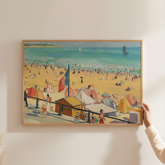 Busy Vintage Beach Boardwalk With Bar and Striped Tents Art Poster