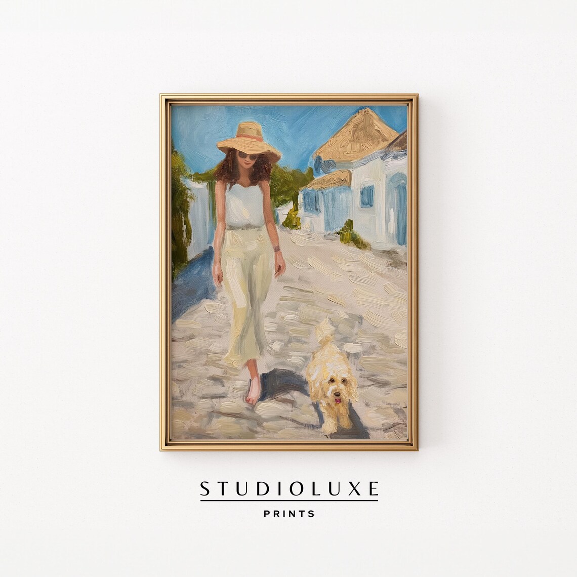 Woman In Sun Hat Walking Dog Down Sunny Village Street Poster
