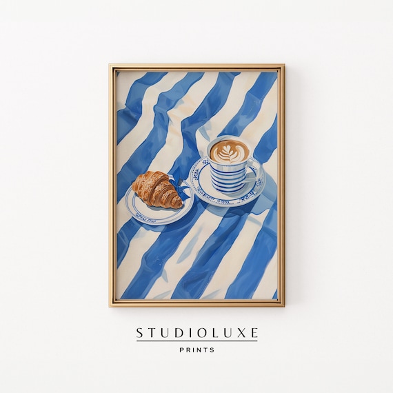 Latte Art Cup Croissant Striped Cloth Cafe Still Life Art Poster