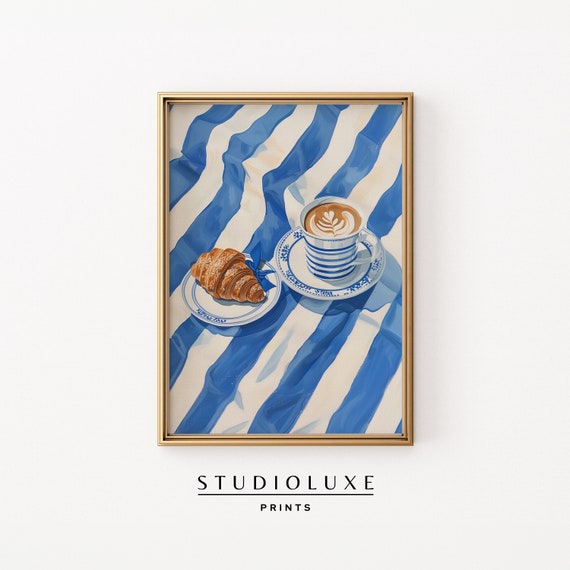Latte Croissants Painting Coastal Granddaughter Prints Kitchen Wall Art Airbnb Decor Beachy