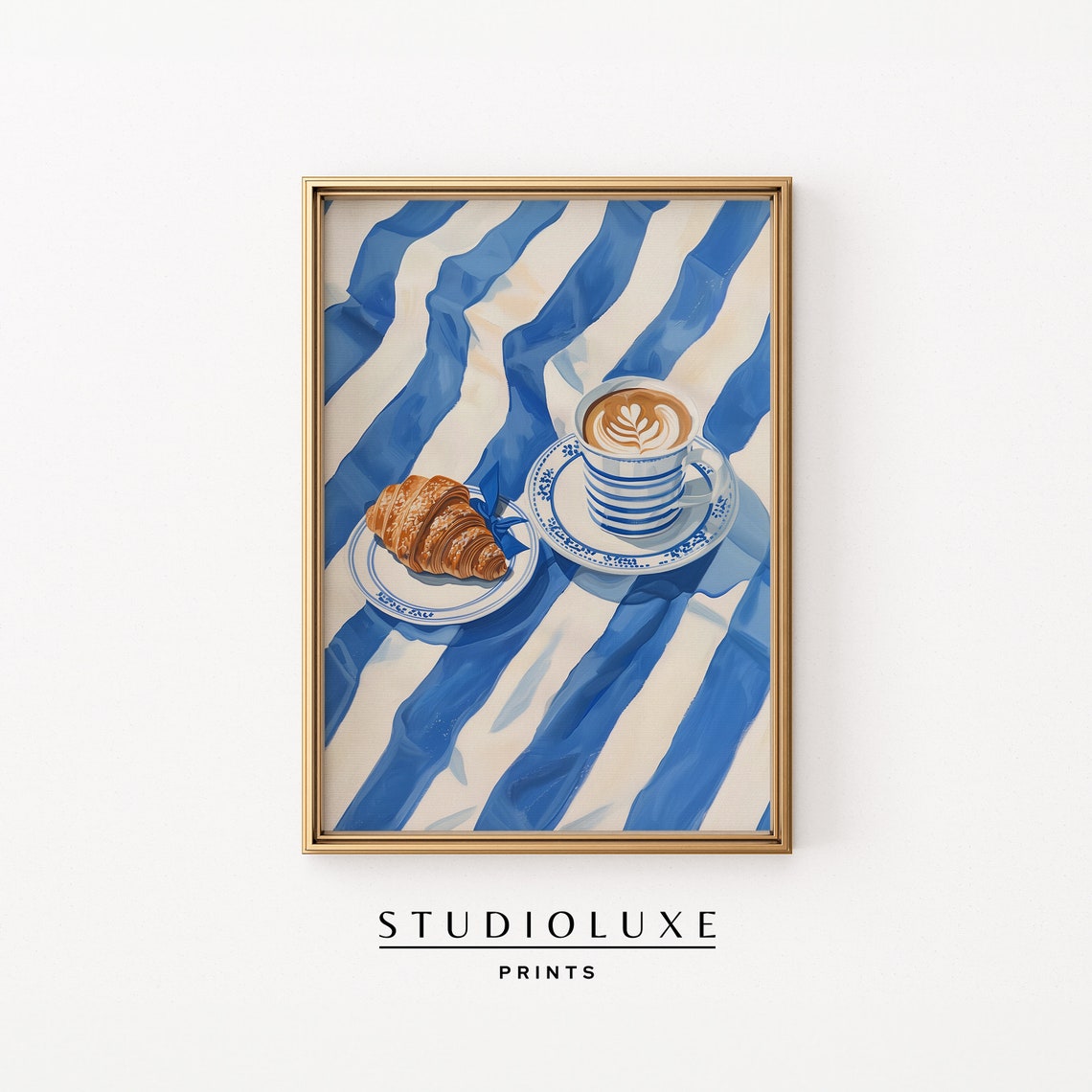 Latte Art Cup Croissant Striped Cloth Cafe Still Life Art Poster