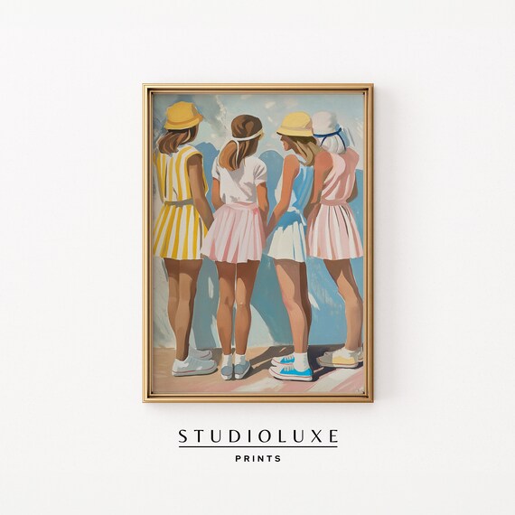 Beach Friends From Behind Striped Dresses Sun Hats Ocean Painting Poster