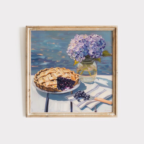 Blueberry Pie Still Life Painting With Hydrangeas Kitchen Poster