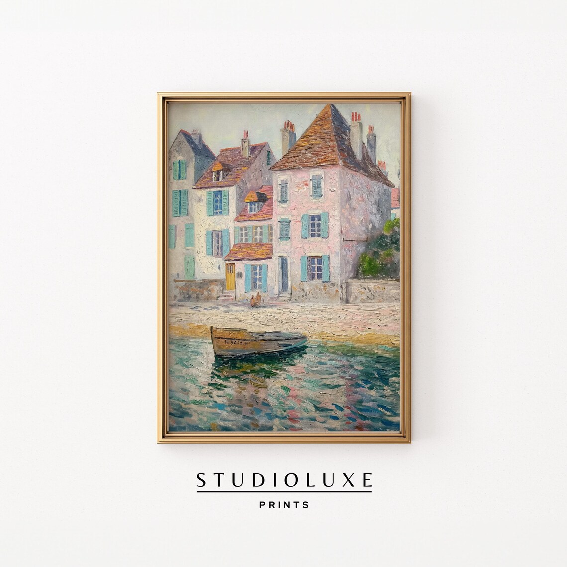 French Coastal Village Houses With Boat In Harbor Painting Print