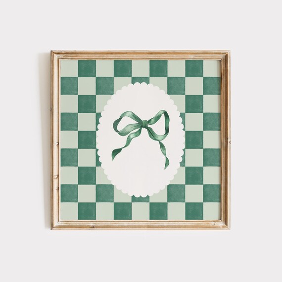 Sage Green Bow in Scalloped Medallion on Checkered Square Poster