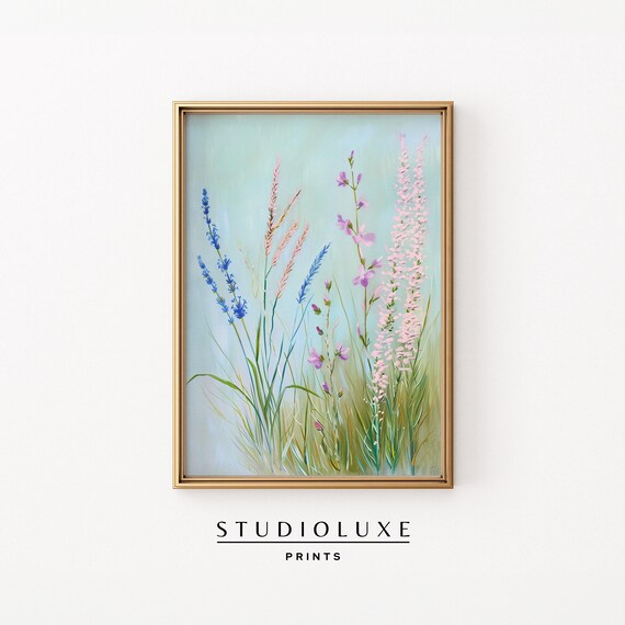 Delicate Lavender and Pink Wildflowers on Blue Botanical Poster