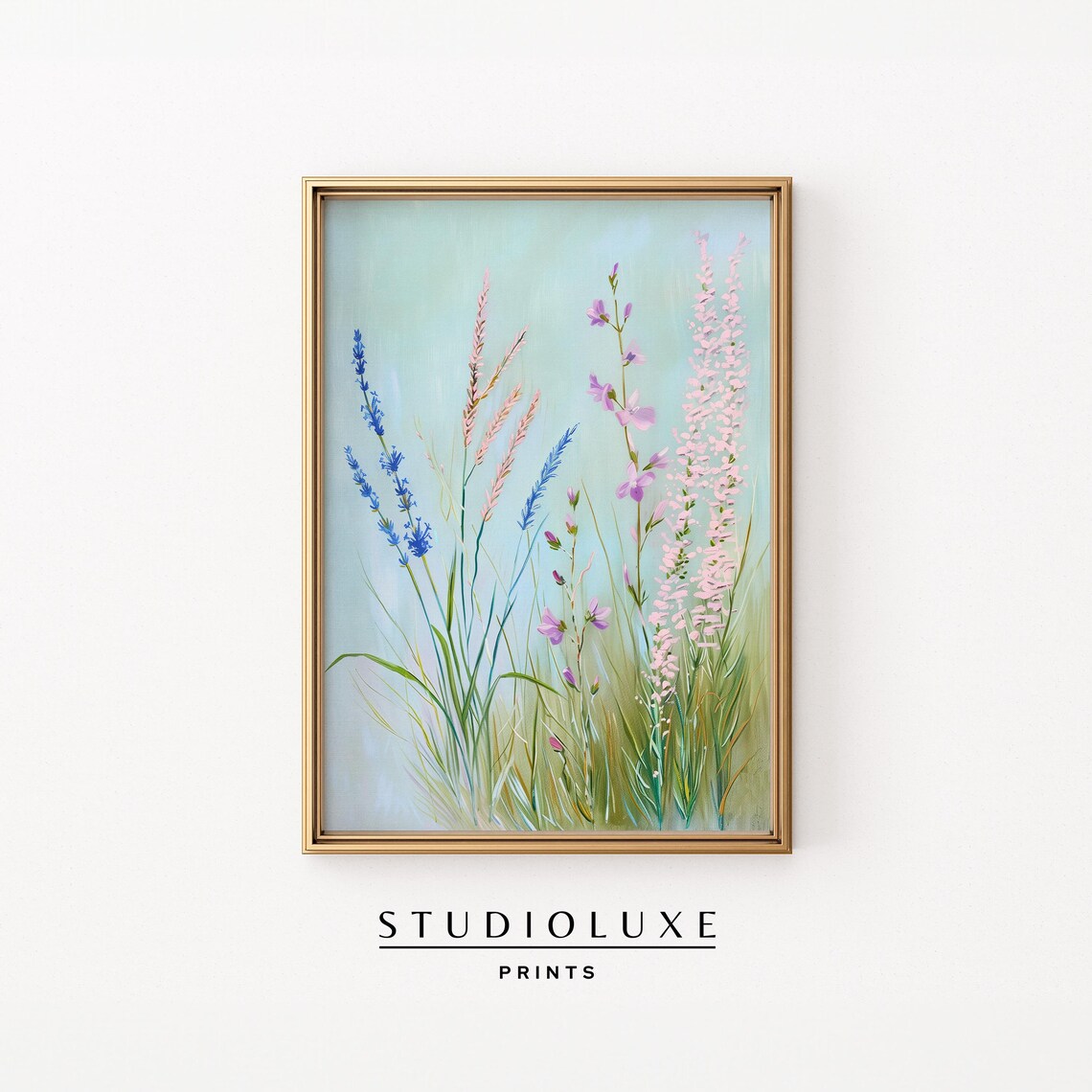 Delicate Lavender and Pink Wildflowers on Blue Botanical Poster