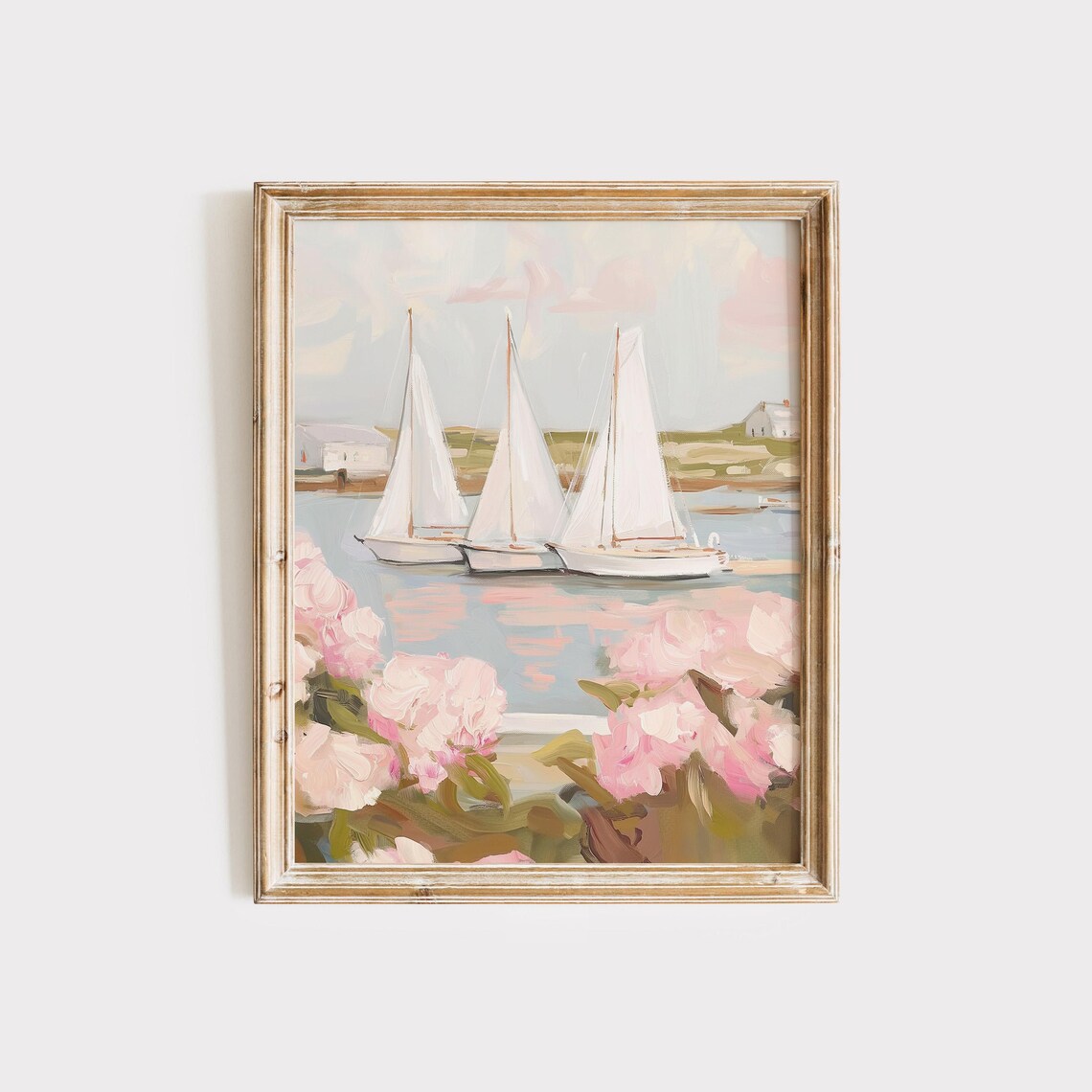 Sailboats Hydrangeas Coastal Wall Art Print