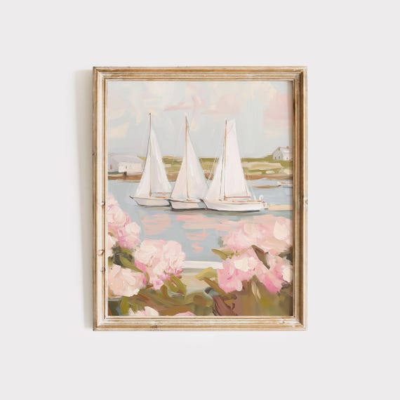 Sailboats Hydrangeas Coastal Wall Art Print
