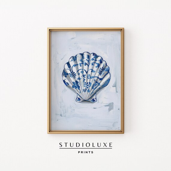 Seashell Scallop Watercolor Striped Background Coastal Art Poster