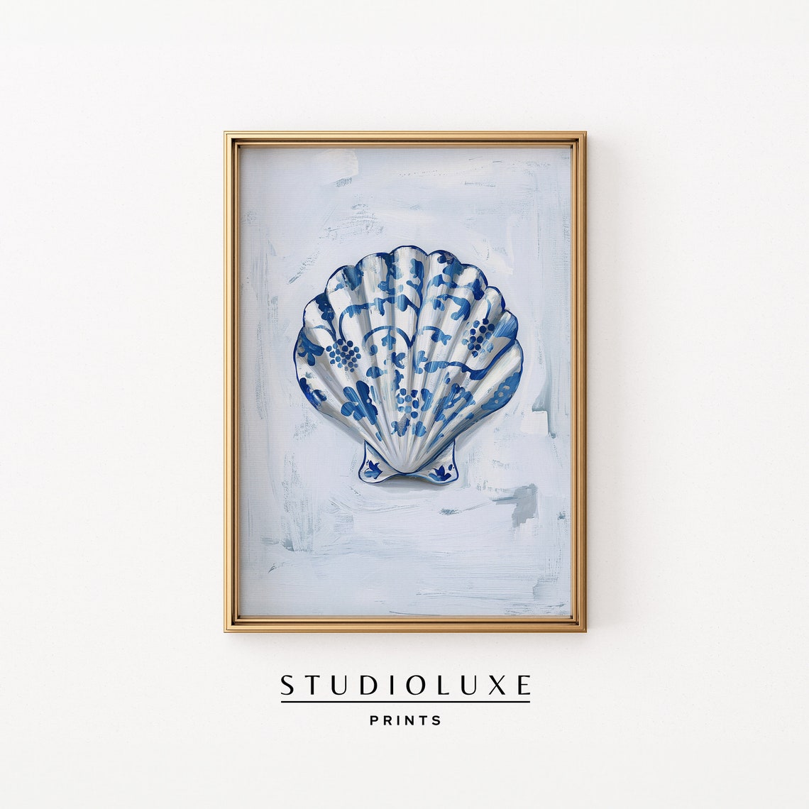 Seashell Scallop Watercolor Striped Background Coastal Art Poster