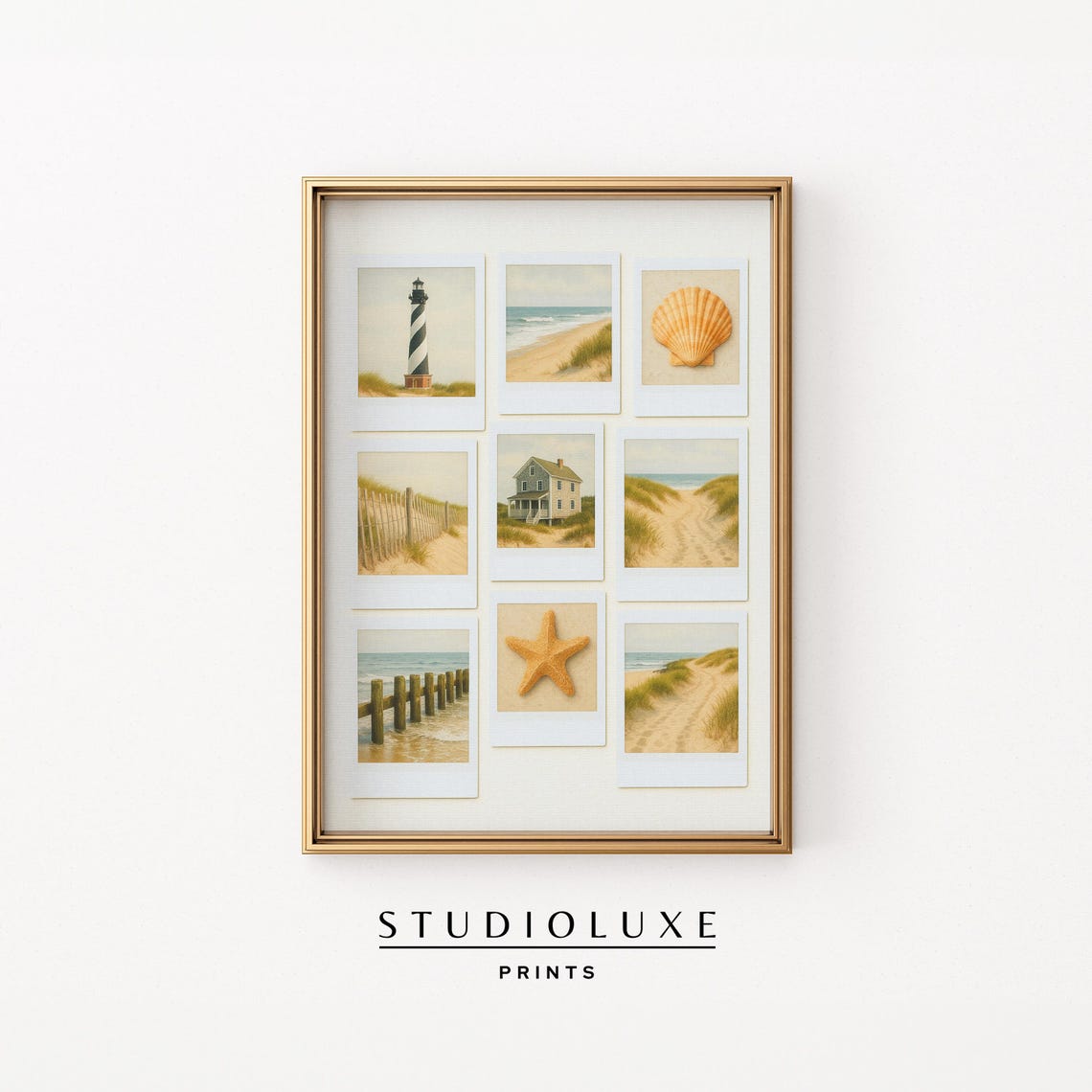 Coastal Polaroid Photo Grid Poster, Vintage Beach Snapshot Collection