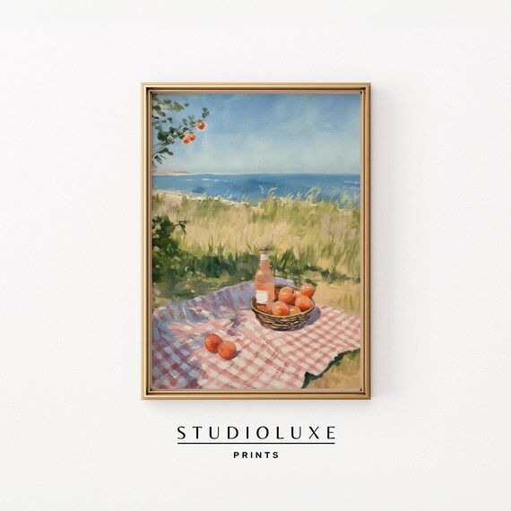 Seaside Picnic With Wine Basket And Fruit On Checkered Blanket Poster