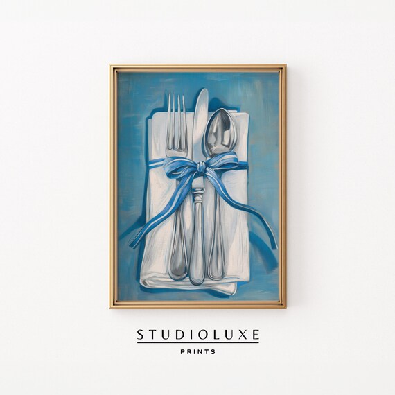 Elegant Silverware Place Setting with Blue Ribbon Napkin Poster