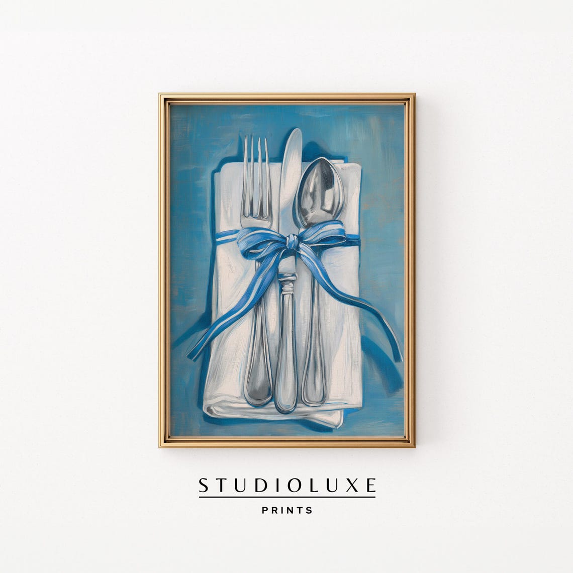 Elegant Silverware Place Setting with Blue Ribbon Napkin Poster