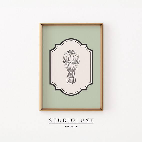 Hot Air Balloon Sketch On Sage Green Gender Neutral Nursery Poster