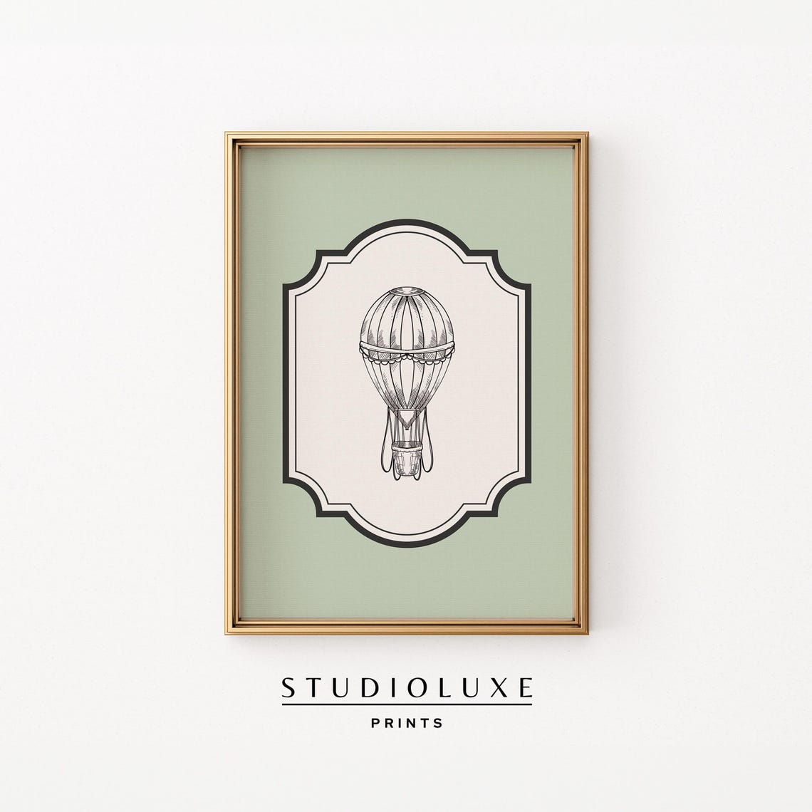 Hot Air Balloon Sketch On Sage Green Gender Neutral Nursery Poster
