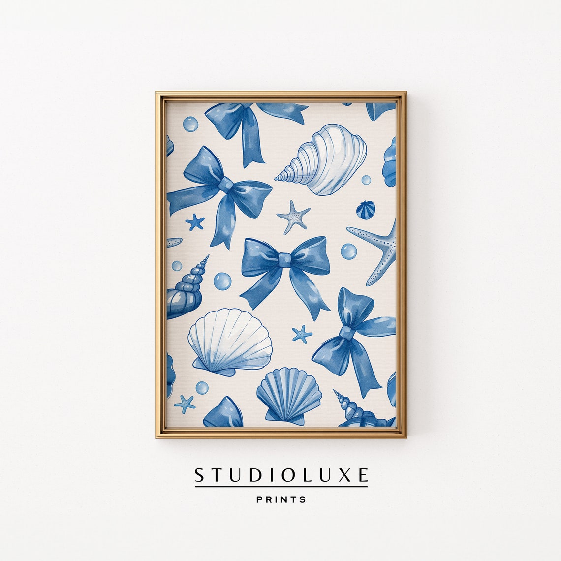 Blue Bows Seashells Starfish Watercolor Coquette Pattern Poster