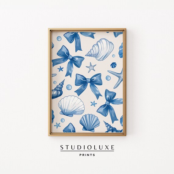 Blue Bows Seashells Starfish Watercolor Coquette Pattern Poster