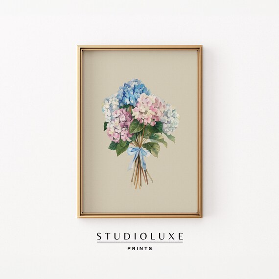 Hydrangea Bouquet Watercolor with Blue Bow Floral Still Life Poster