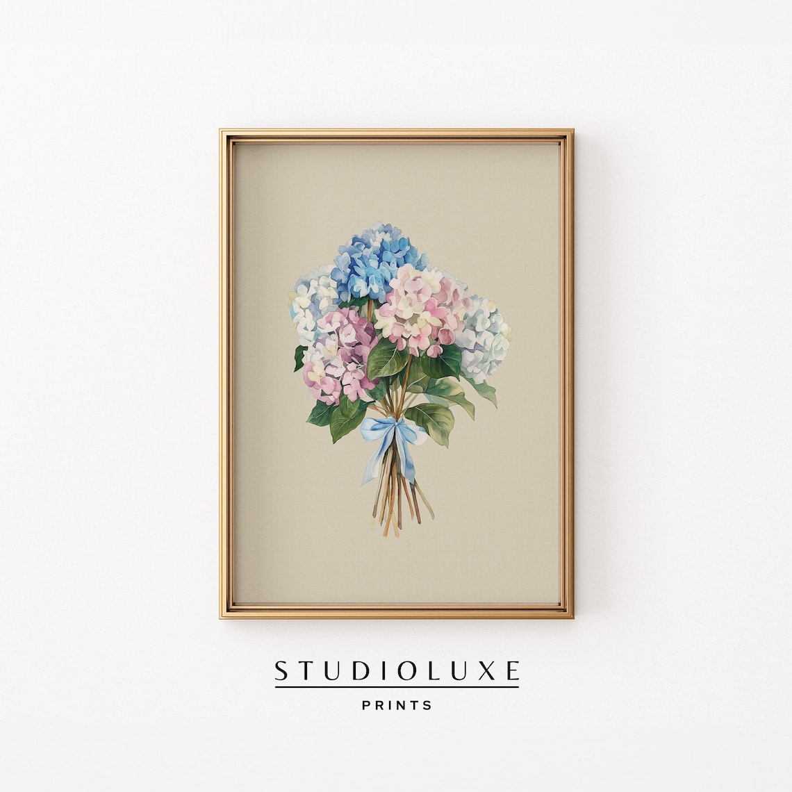 Hydrangea Bouquet Watercolor with Blue Bow Floral Still Life Poster