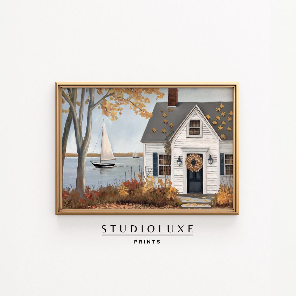 White Cottage Lakeside Sailboat Falling Leaves Autumn Wall Art