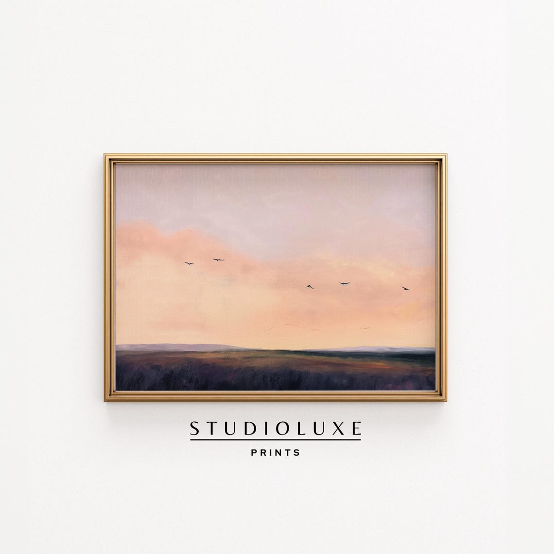 Minimal Dusk Landscape Sunset Flying Birds Pastel Nature Print