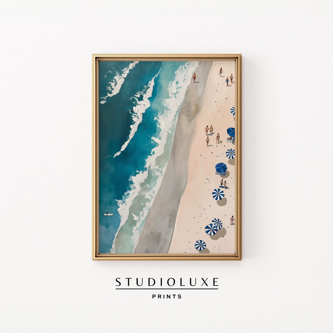 Aerial Beach Umbrellas Turquoise Surf Coastal Oil Painting Poster