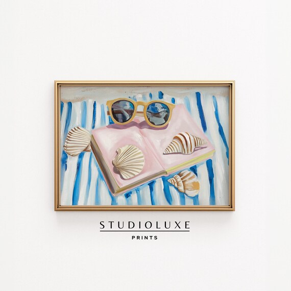 Sunglasses On Pink Book With Seashells Beach Still Life Poster