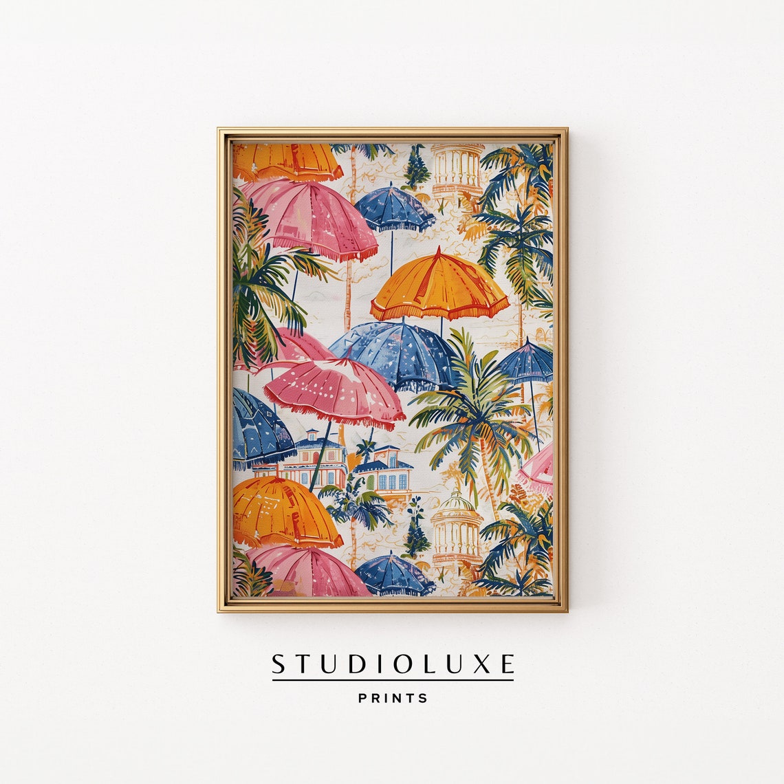 Colorful Tropical Toile Umbrellas Palms Chinoiserie Pattern Wall Art