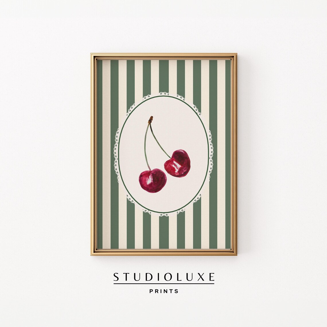 Glossy Red Cherries in Lace Oval on Green Stripes Vintage Art Print