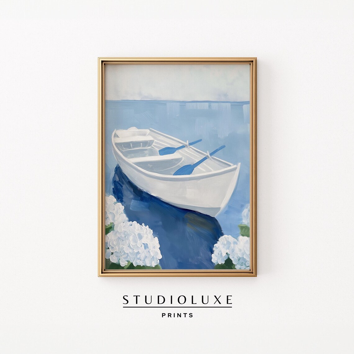 Paddle Boat Hydrangeas Vintage Oil Painting Art Print