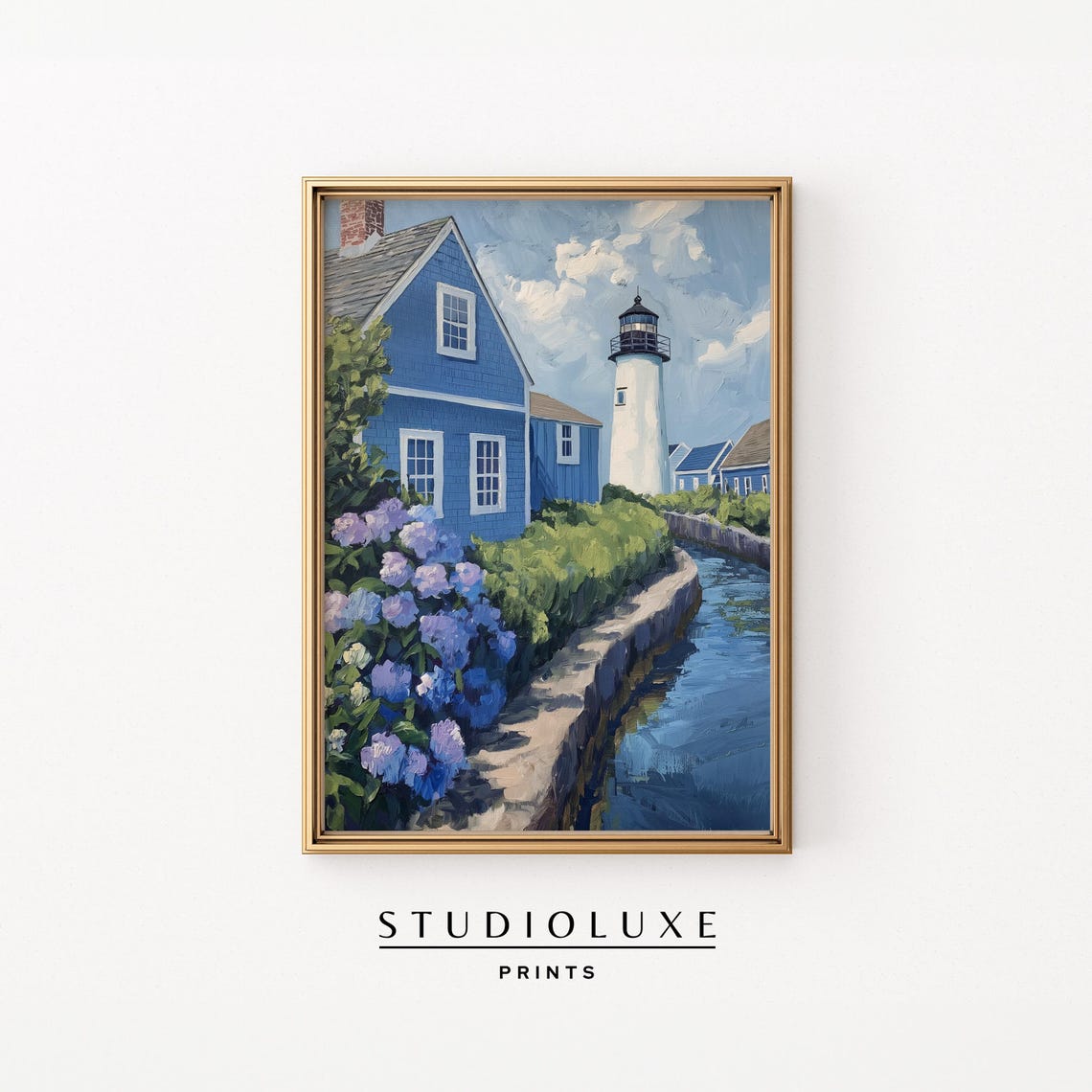 East Coast Lighthouse With Blue Shingle House And Hydrangeas Poster