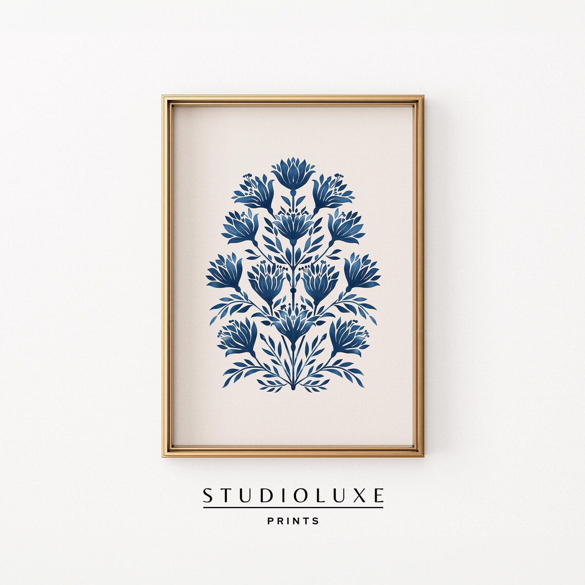 Blue Floral Block Print Art, Folk Botanical Decor