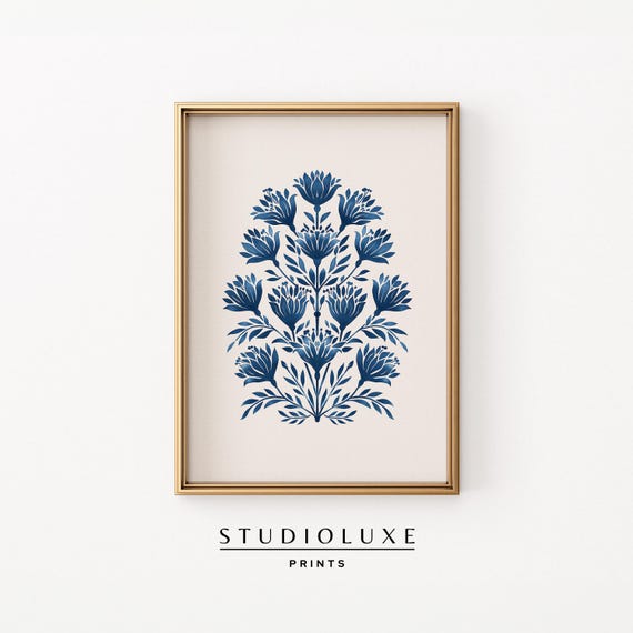 Blue Floral Block Print Art, Folk Botanical Decor