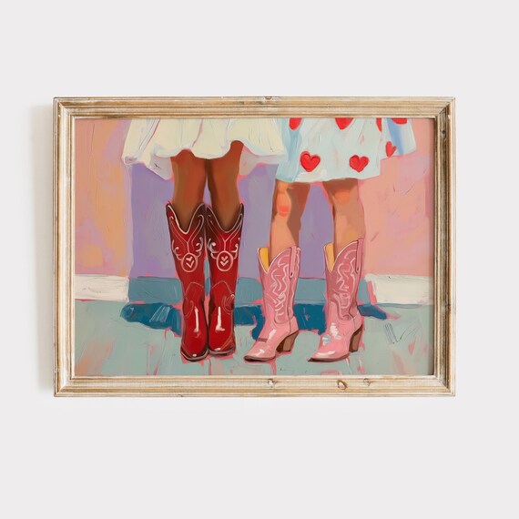 Red Cowgirl Boots With Hearts Galentine Coastal Western Poster