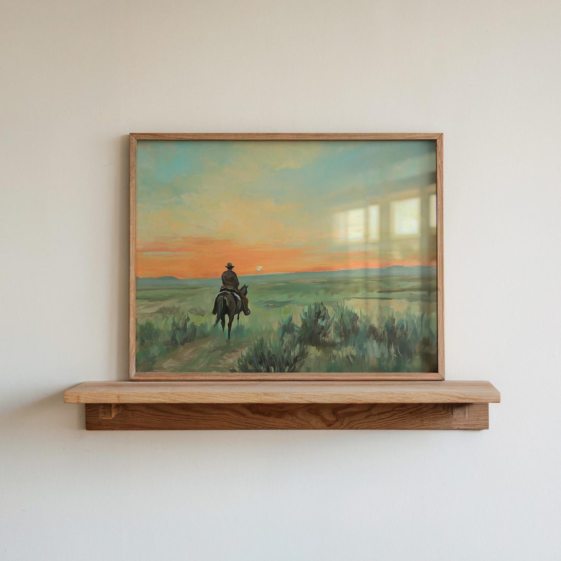 Lone Cowboy Riding into Sunset Vintage Western Prairie Poster
