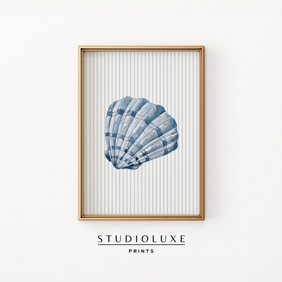 Blue Watercolor Scallop Seashell on Elegant Blue Striped Background Poster