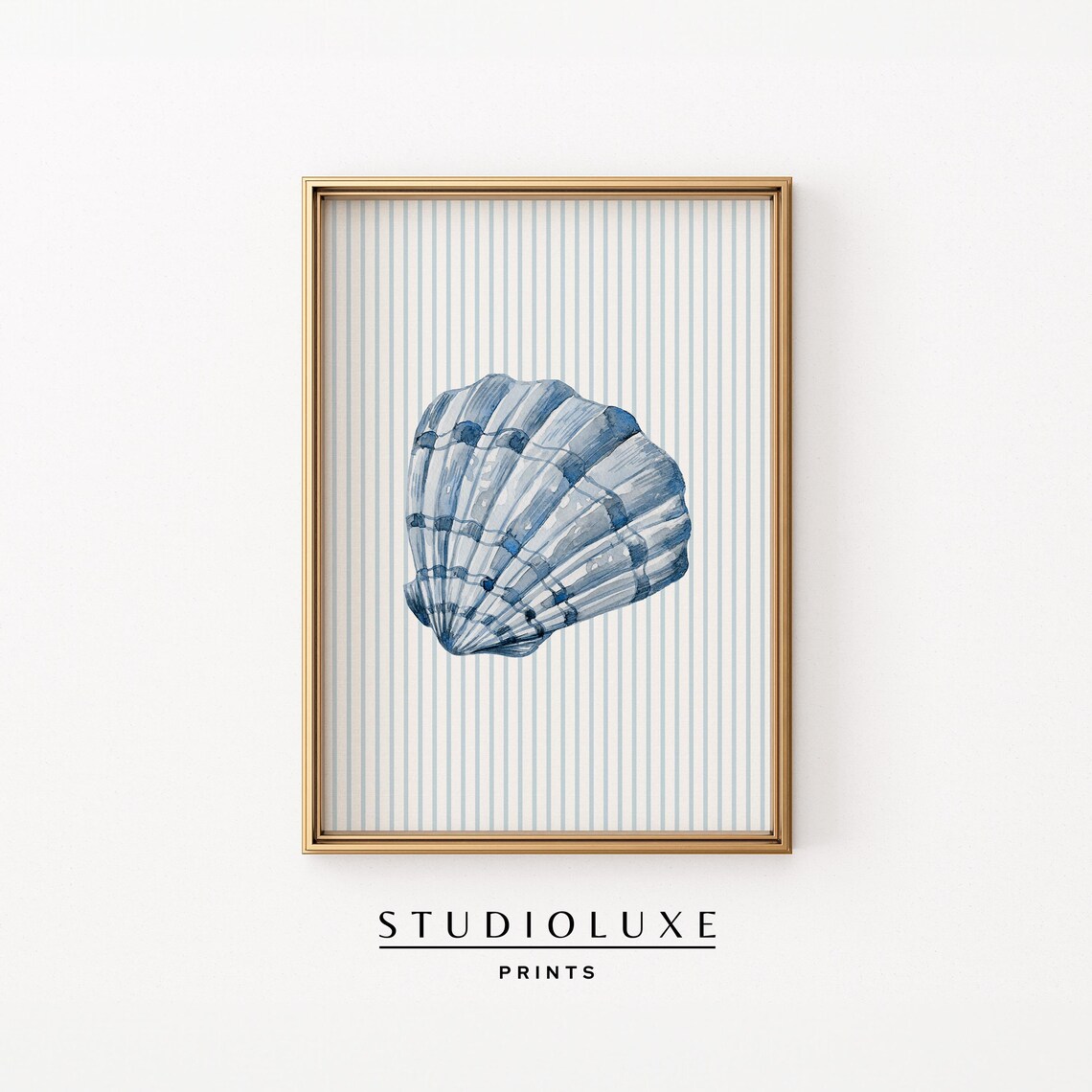 Blue Watercolor Scallop Seashell on Elegant Blue Striped Background Poster
